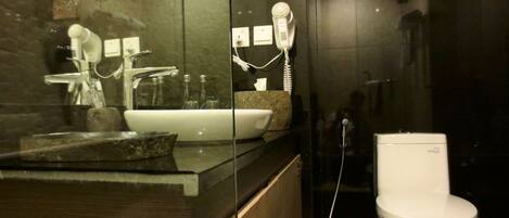 A modern bathroom with a glass shower enclosure, a white sink, and a toilet.