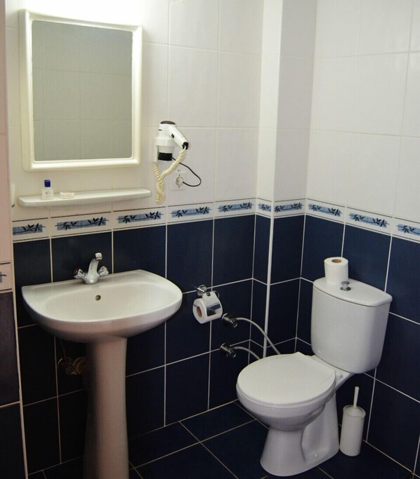 A bathroom with a sink, toilet, and a hairdryer on the wall.