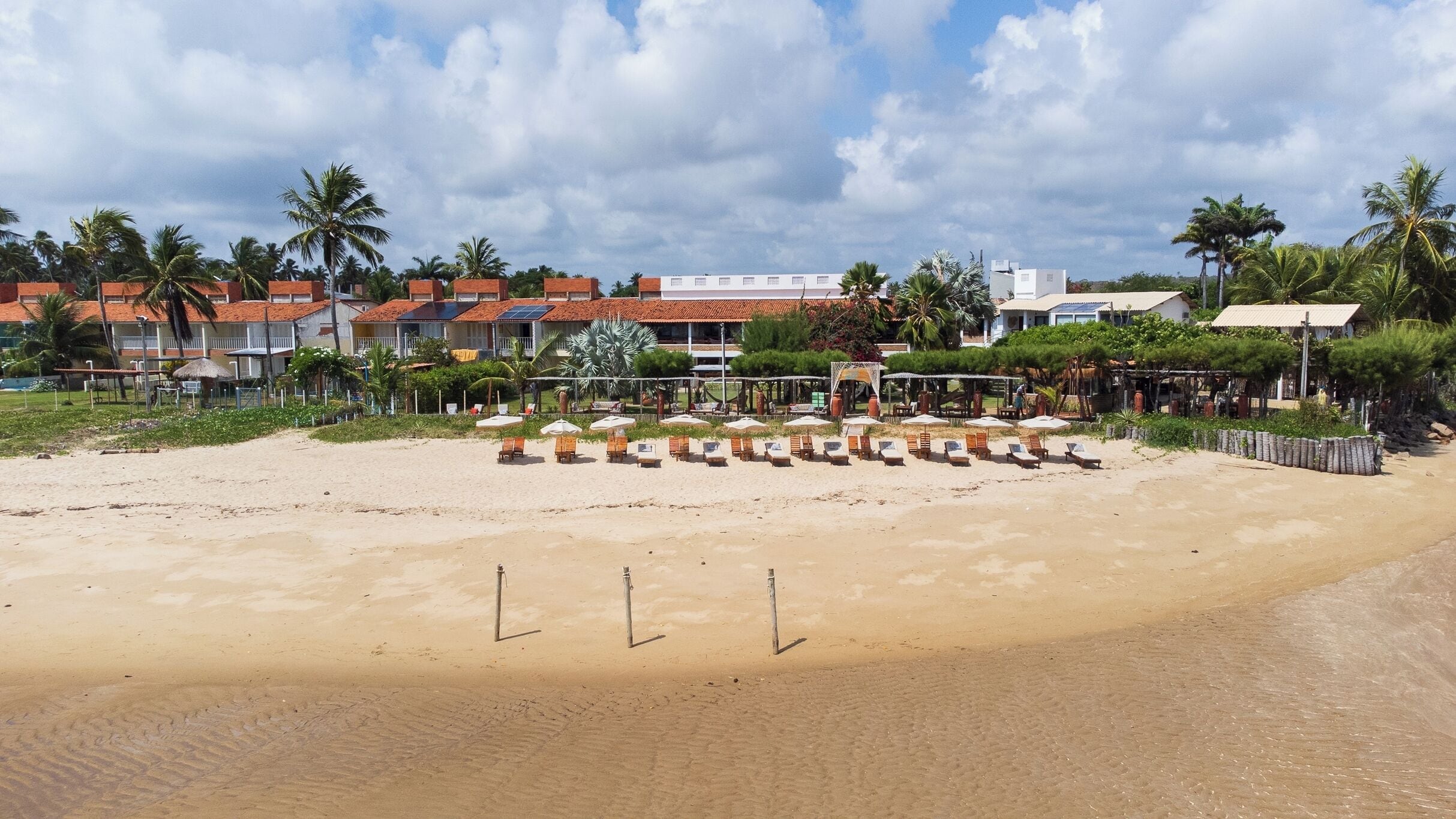 Ein Strand mit Liegestühlen und Sonnenschirmen, Palmen und Gebäuden im Hintergrund.
