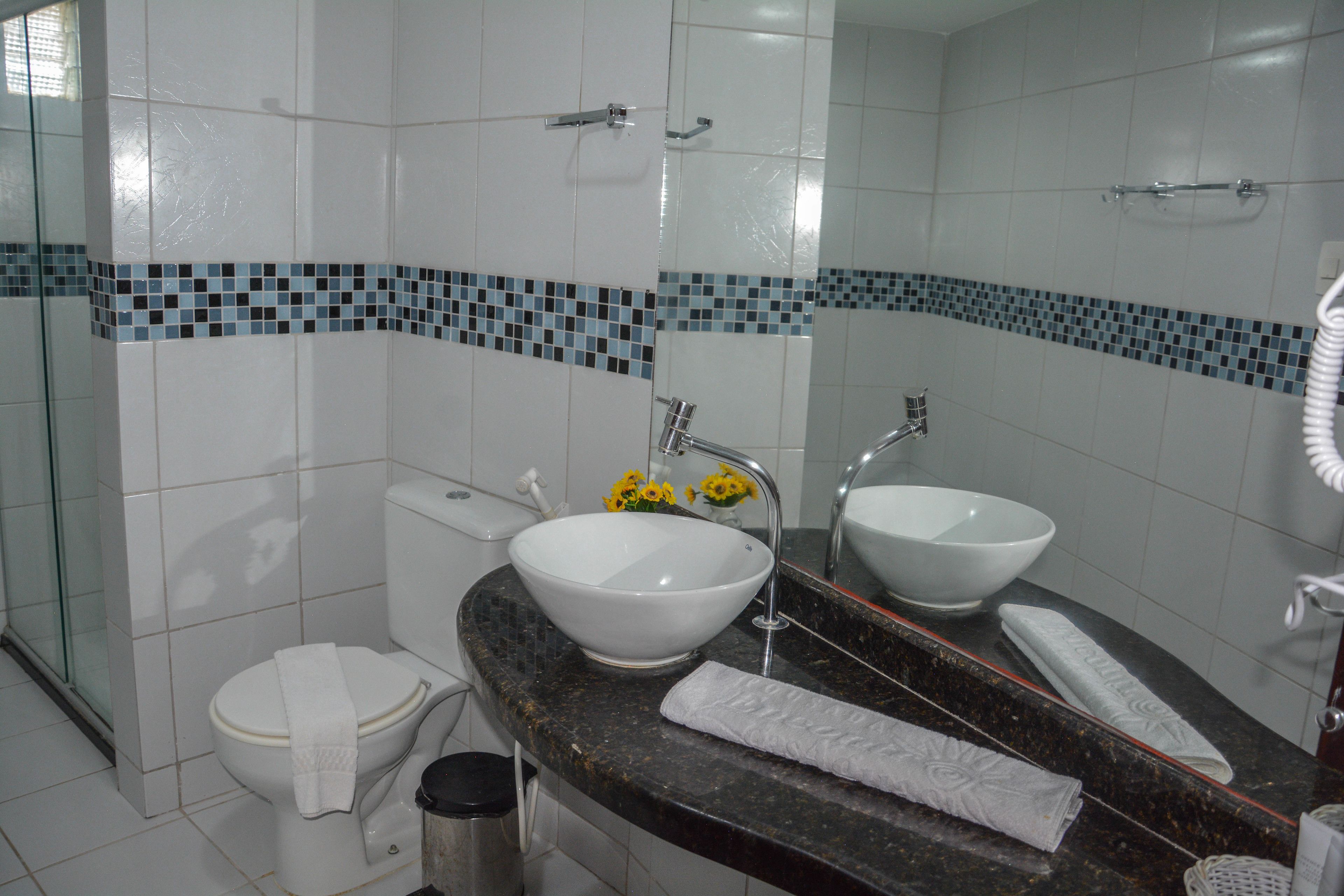 Une salle de bain avec des toilettes blanches, un lavabo blanc avec un receveur, un miroir et un porte-serviettes.