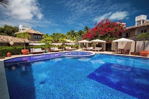 Outdoor pool, pool umbrellas, pool loungers