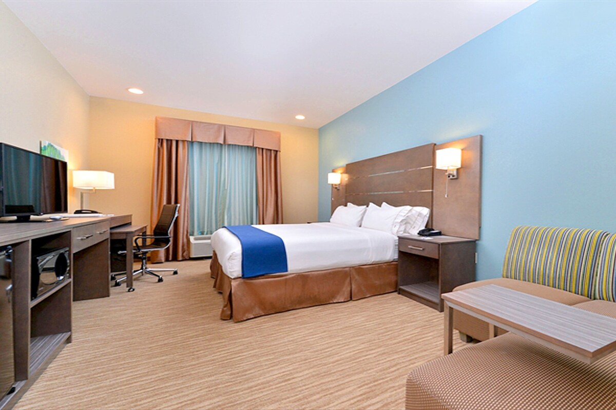A hotel room with a bed, desk, chair, and a sofa.