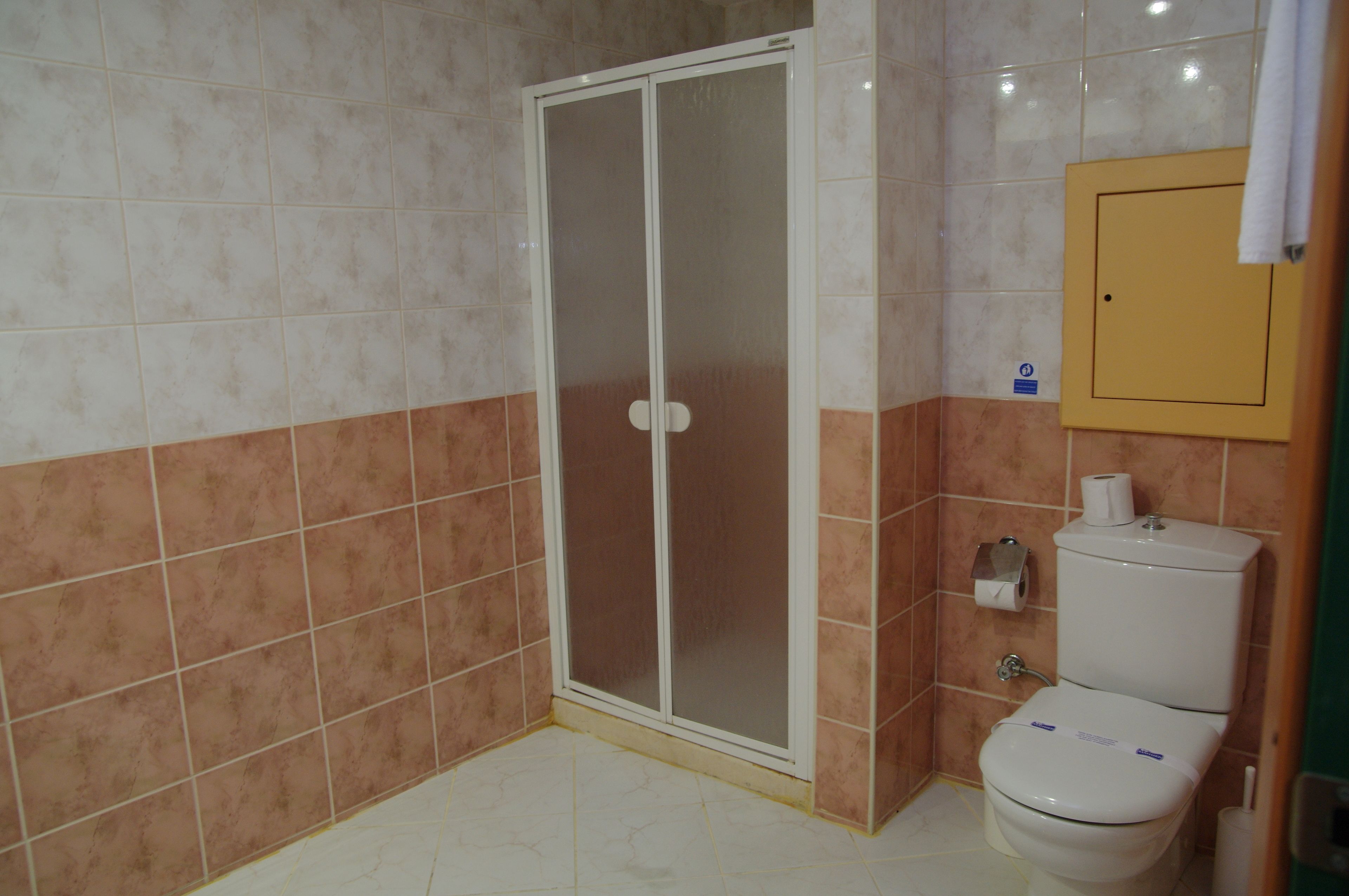 A bathroom with a toilet, a shower enclosure, and a towel hanging on a rack.