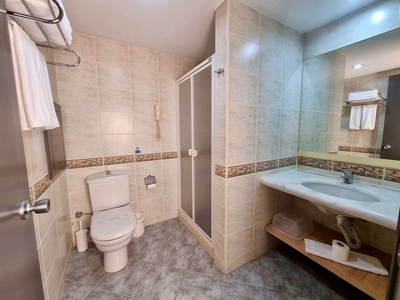 A bathroom with a toilet, shower, sink, and a mirror.