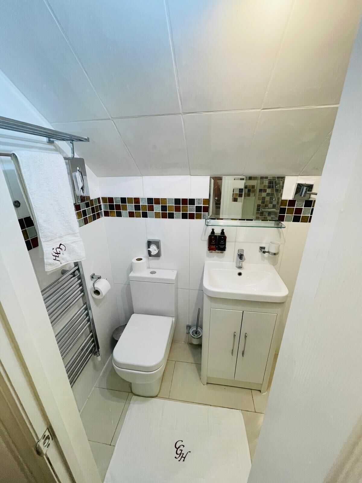 Ein kleines Badezimmer mit Toilette, Waschbecken und Handtuchhalter.