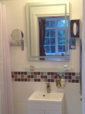 Een douche, een hydromassagedouche, designer toiletartikelen