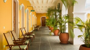 Un couloir bordé d’un côté de chaises alignées et de l’autre de plantes en pot, avec une porte au bout.