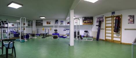 A gym with exercise equipment, a green floor, and a wooden ladder.