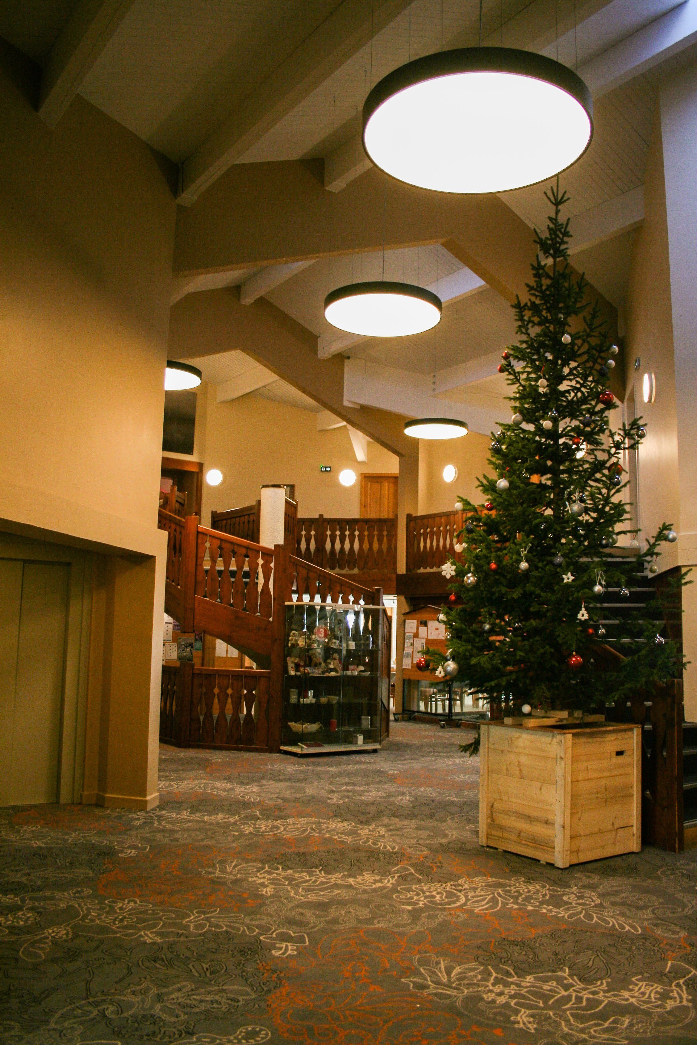 Een hal met een kerstboom, een houten trap en een vloerbedekking.