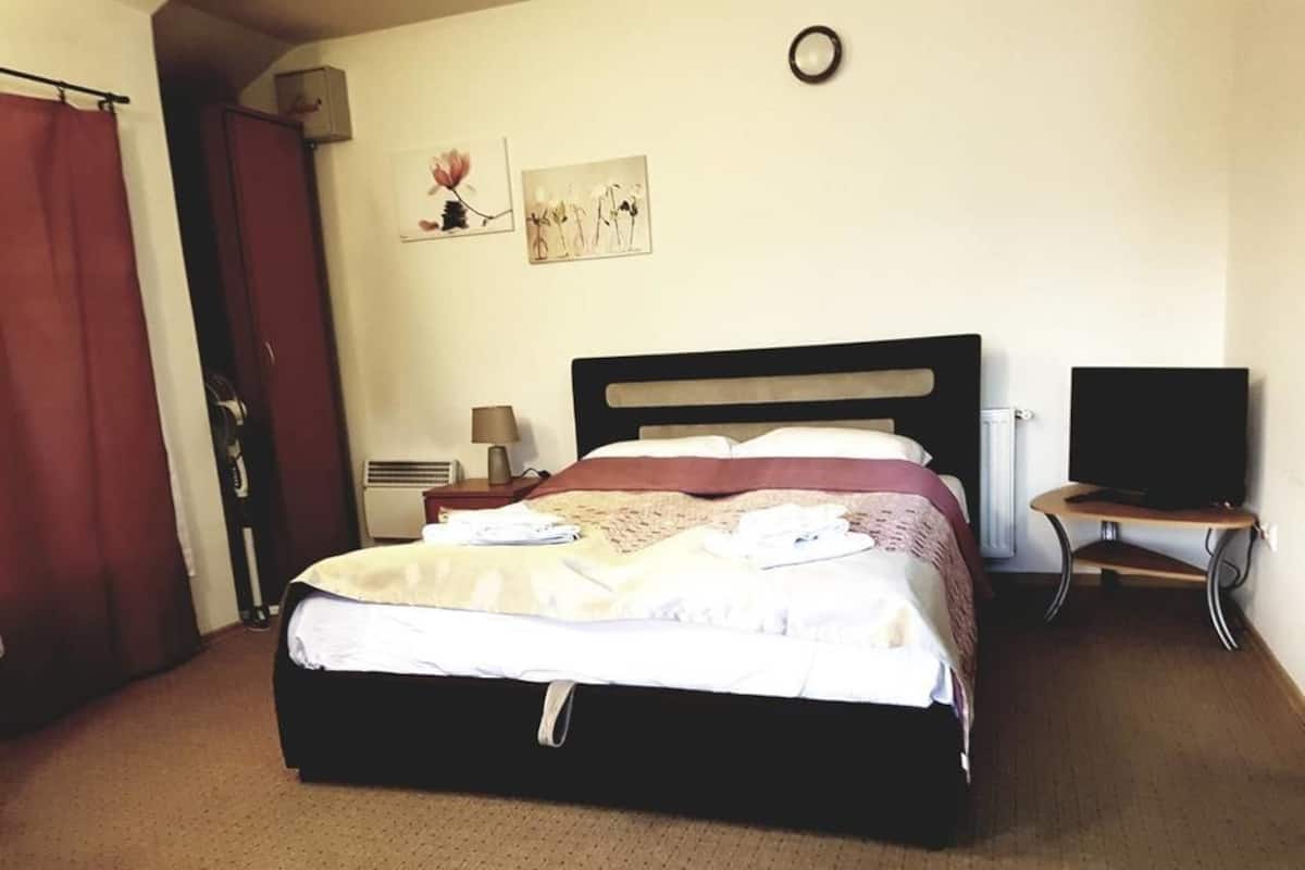 A hotel room with a bed, a television, a small table, and a wall-mounted picture.
