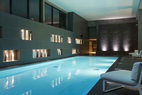 Indoor pool, open 10:00 AM to 9:00 PM, sun loungers