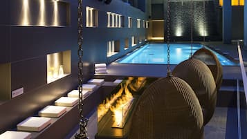 Indoor pool, open 10:00 AM to 9:00 PM, sun loungers