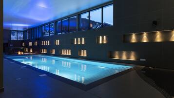 Indoor pool, open 10:00 AM to 9:00 PM, sun loungers
