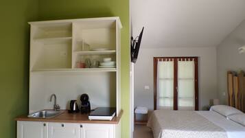 A room with a kitchenette, a bed, a bathroom with a shower curtain, and a set of wooden paddles.