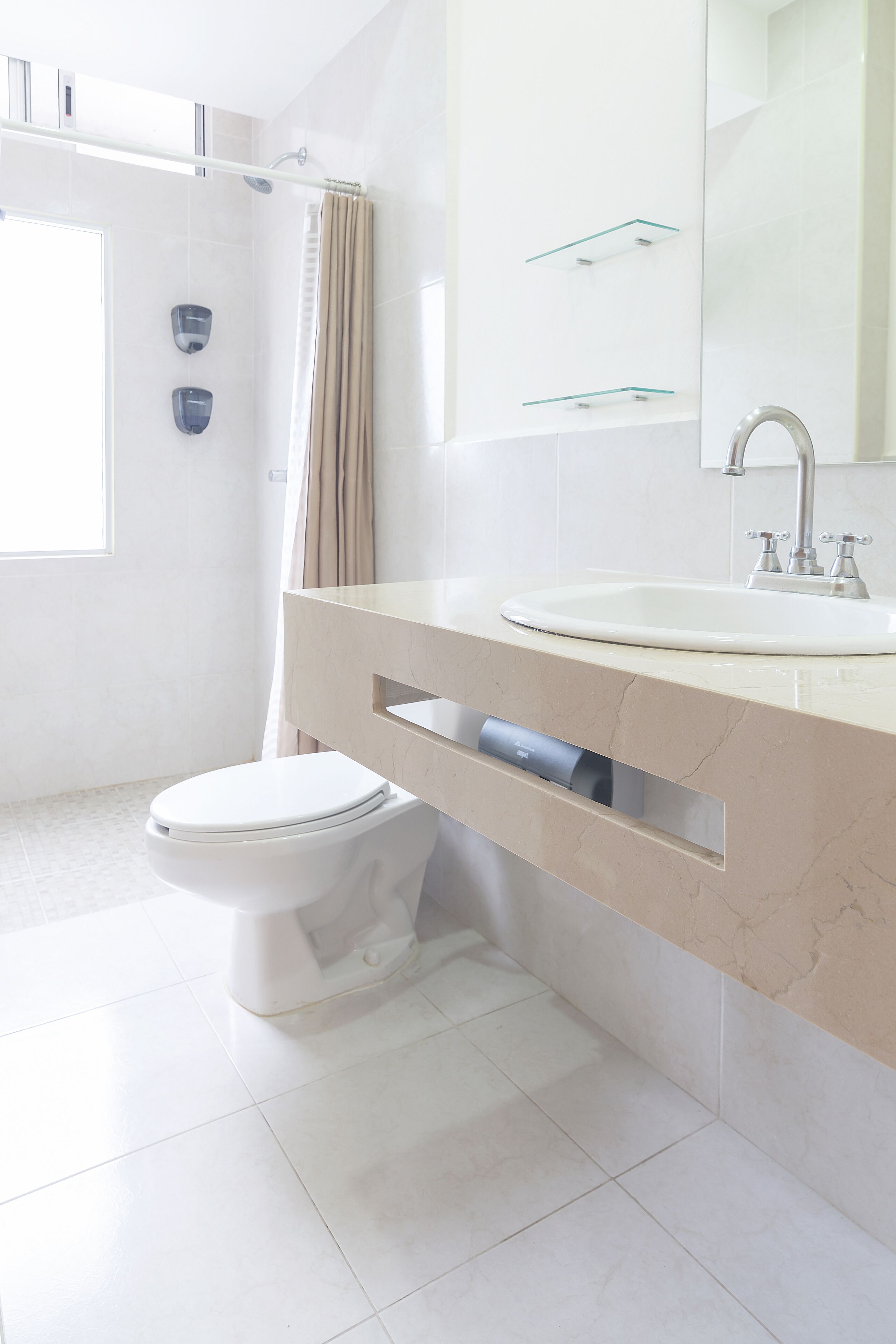 shower, rainfall showerhead, hair dryer, towels