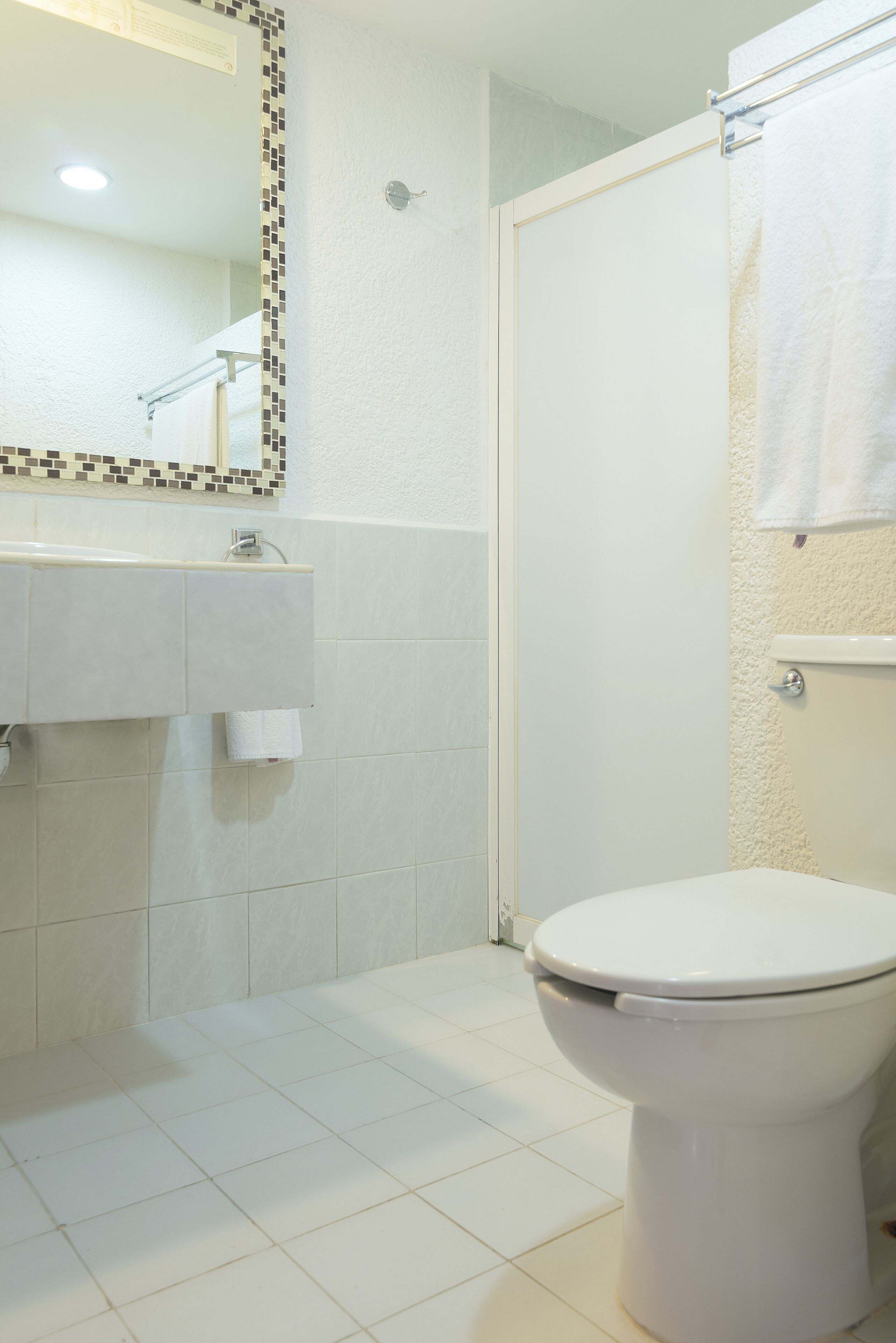 superior suite | bathroom | shower, rainfall showerhead, hair dryer, towels