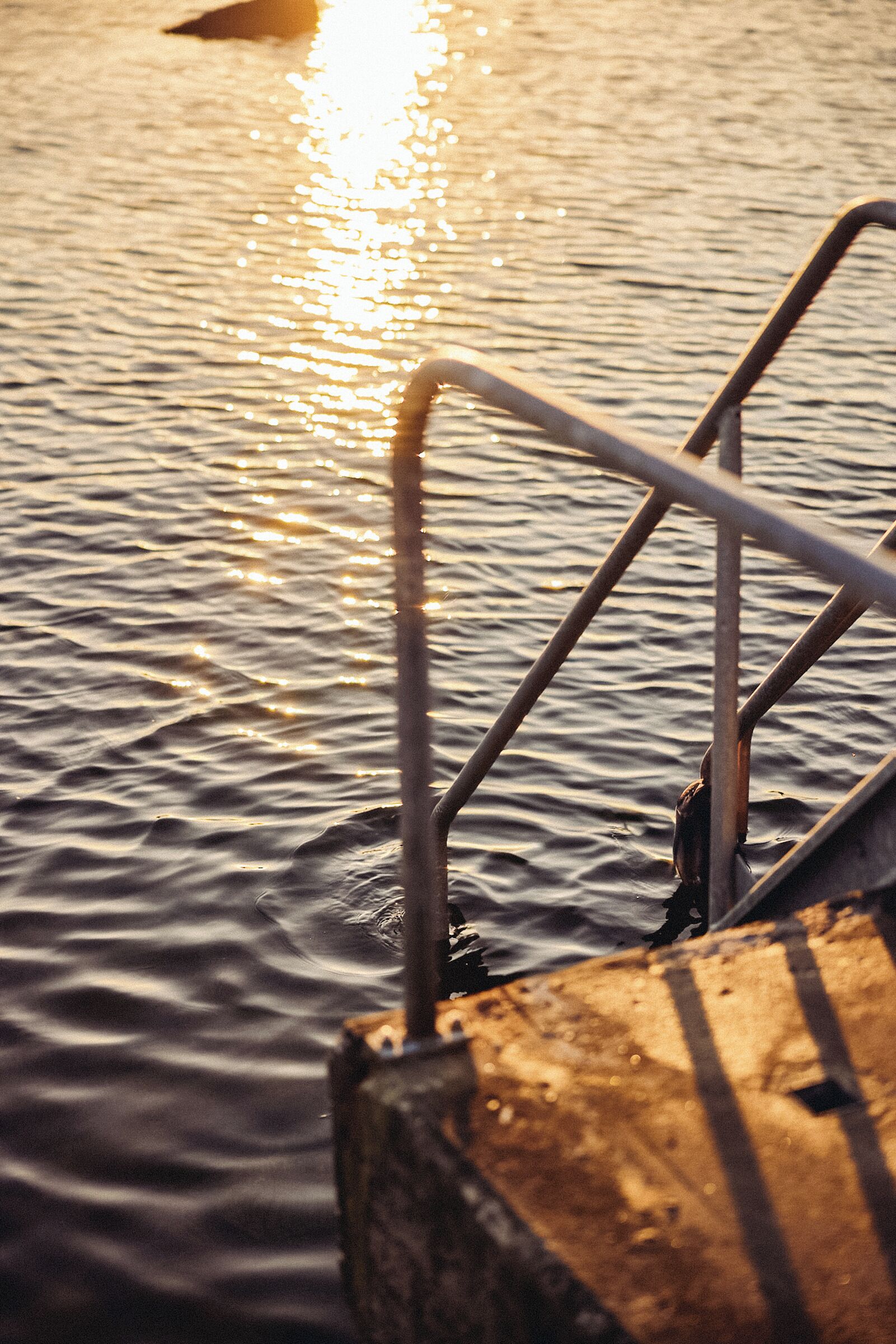 Una escalera metálica que desciende hacia el agua, con reflejos de sol en la superficie.