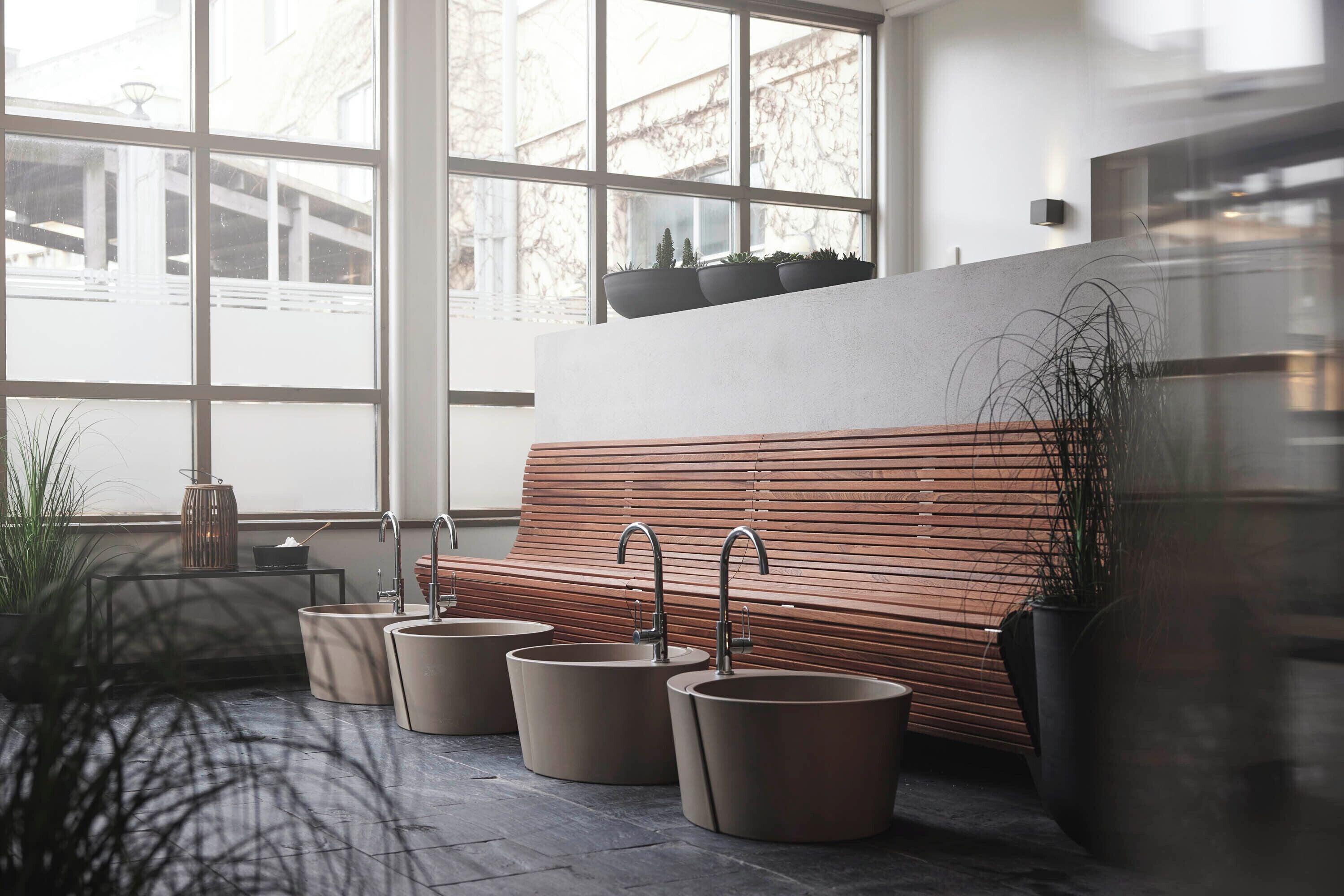 Un interior moderno con un banco de madera, tres lavamanos y plantas en macetas.
