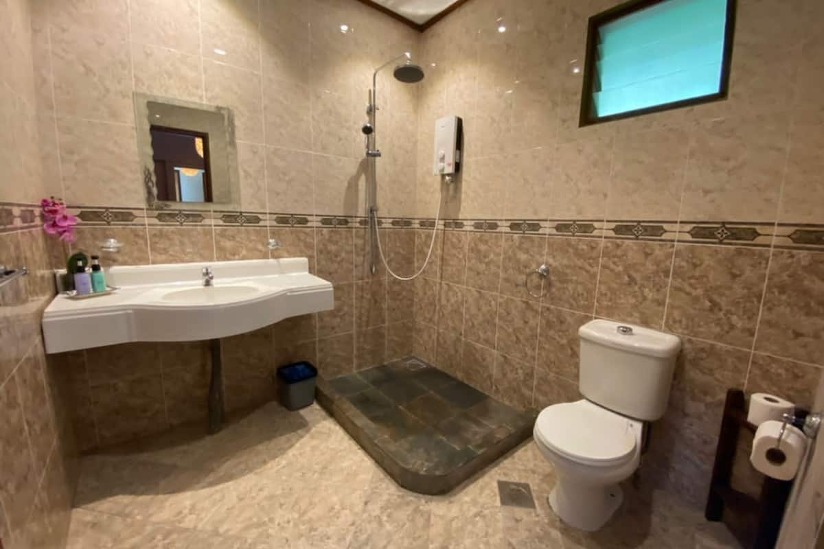 shower, free toiletries, towels