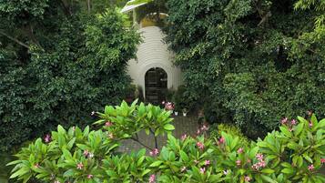 A lush garden with a white archway leading to a building, surrounded by dense foliage and flowering plants.