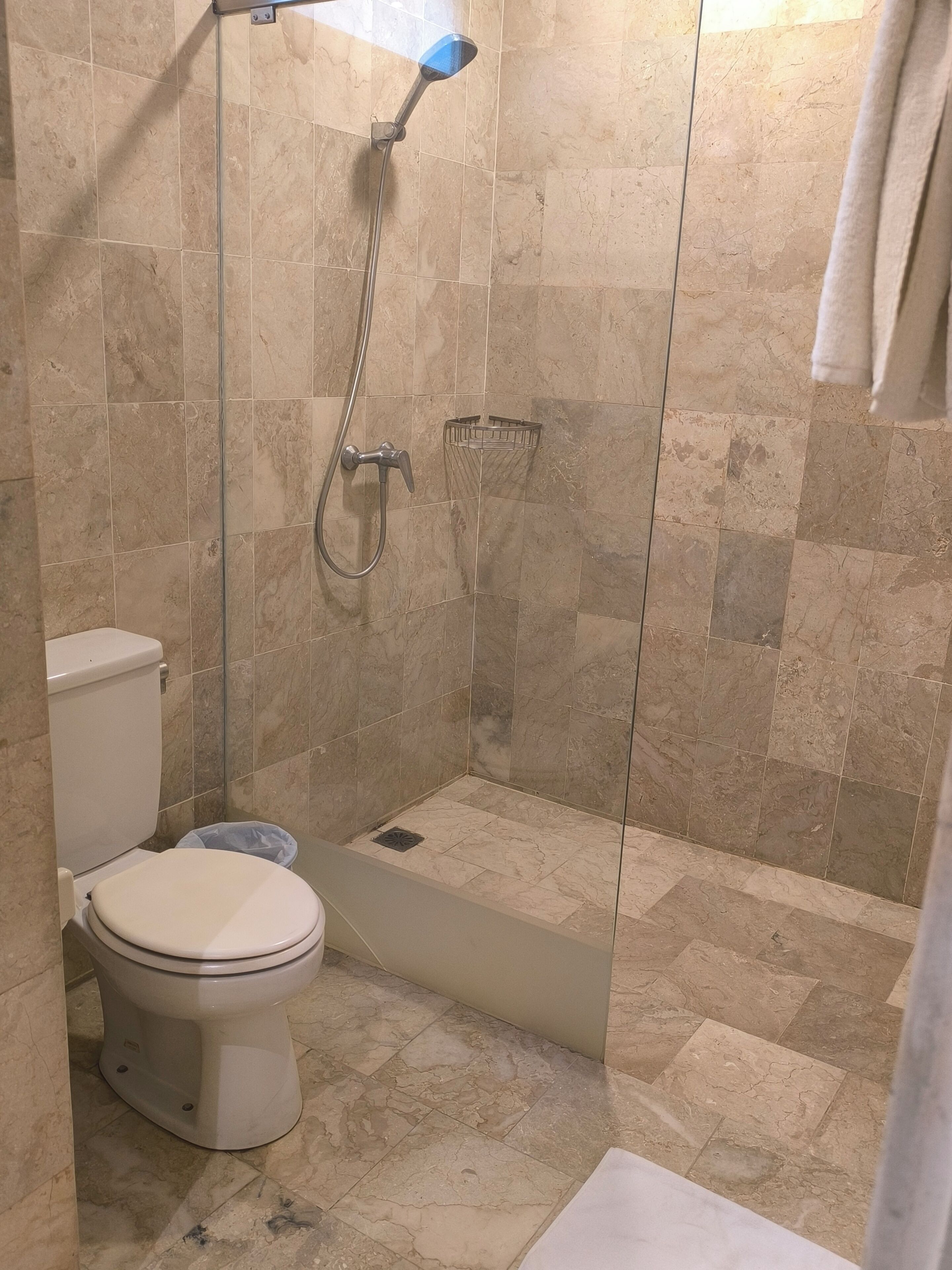 A bathroom with a toilet, a shower with a glass door, and a tiled floor.