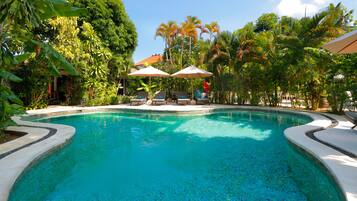 Outdoor pool, pool umbrellas, pool loungers