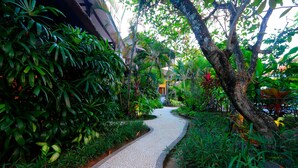 A paved pathway surrounded by lush greenery, leading to a building with a yellow facade. - Pearl Boutique Hotel - Adult Only (Legian)