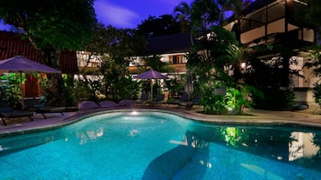 Outdoor pool, pool umbrellas, pool loungers