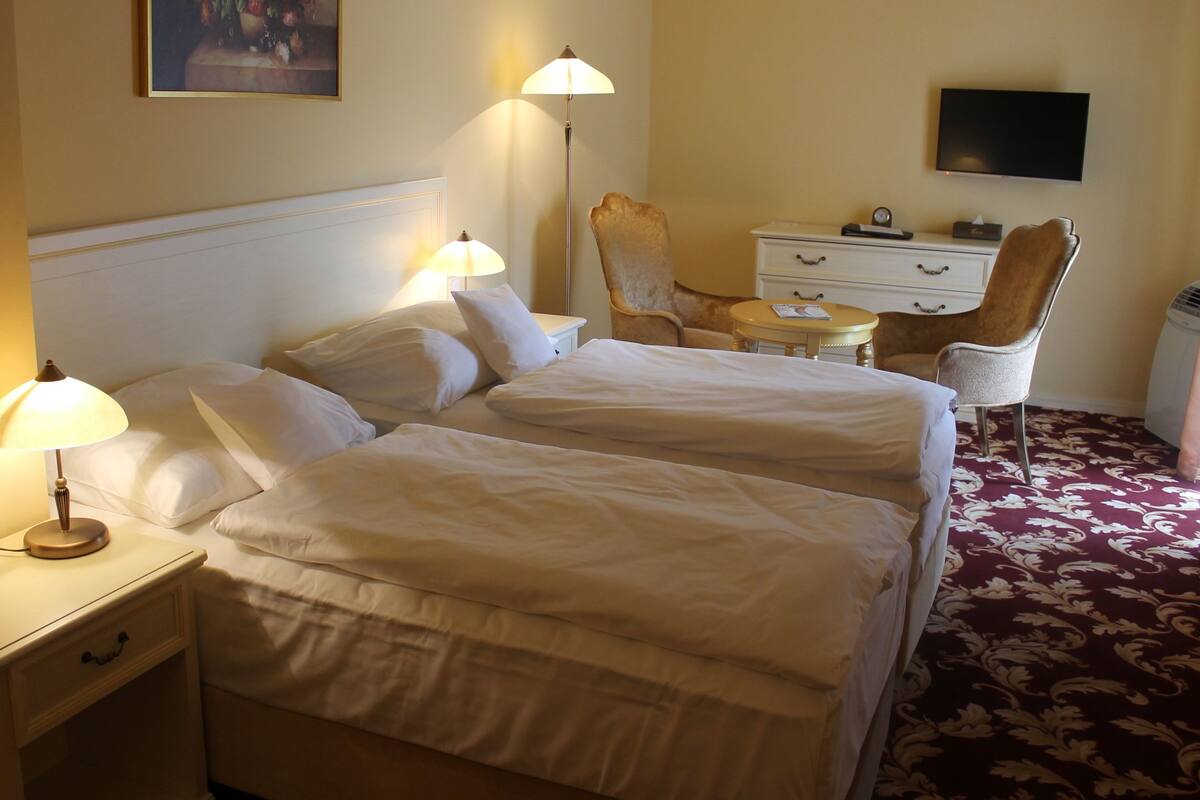A hotel room with two beds, a desk with a lamp, a chair, a TV, and a patterned carpet.