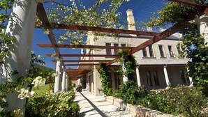 En overdækket gang med søjler og et pergola, der fører til en bygning i klassisk arkitektur.