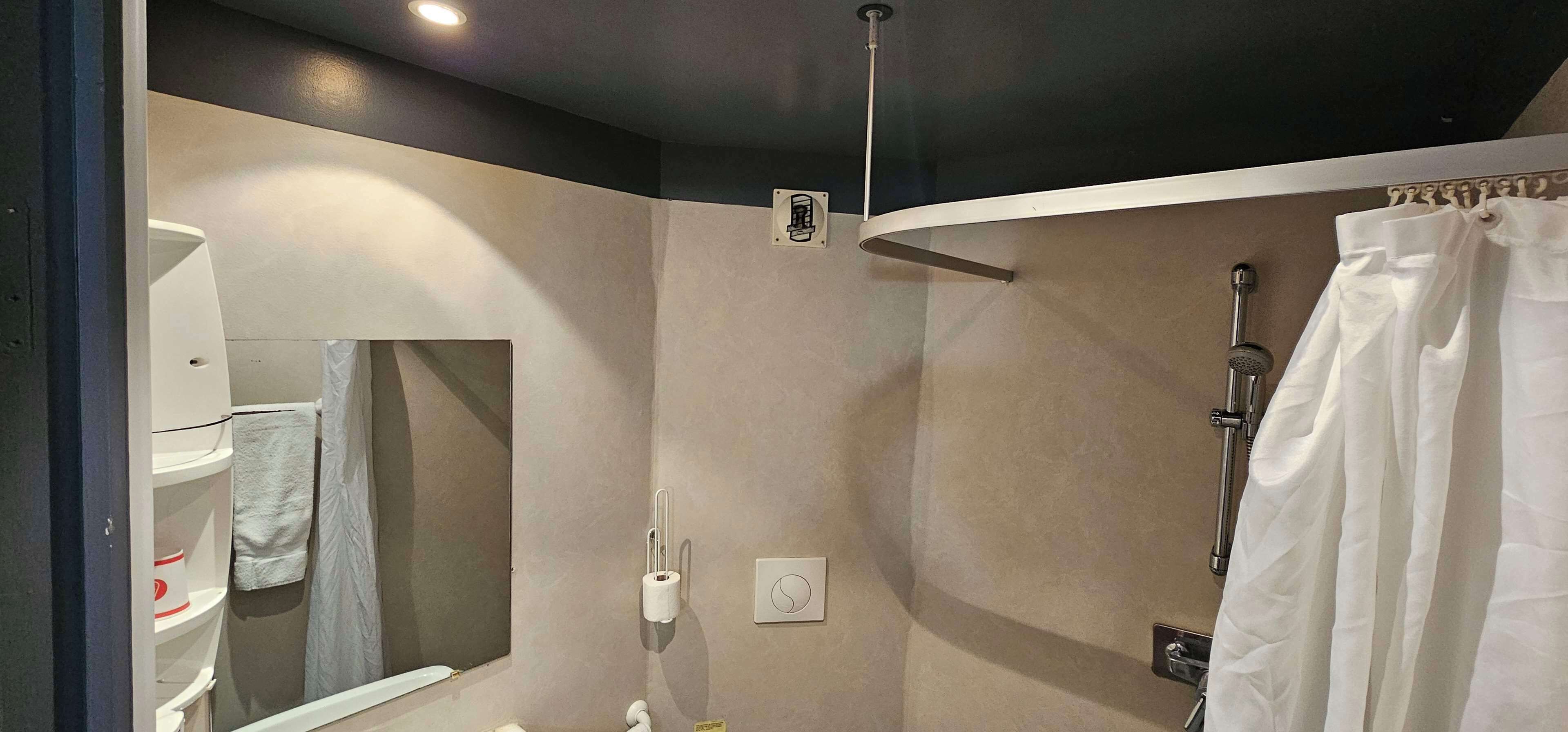 Et moderne badeværelse med bruser, toilet og håndvask.