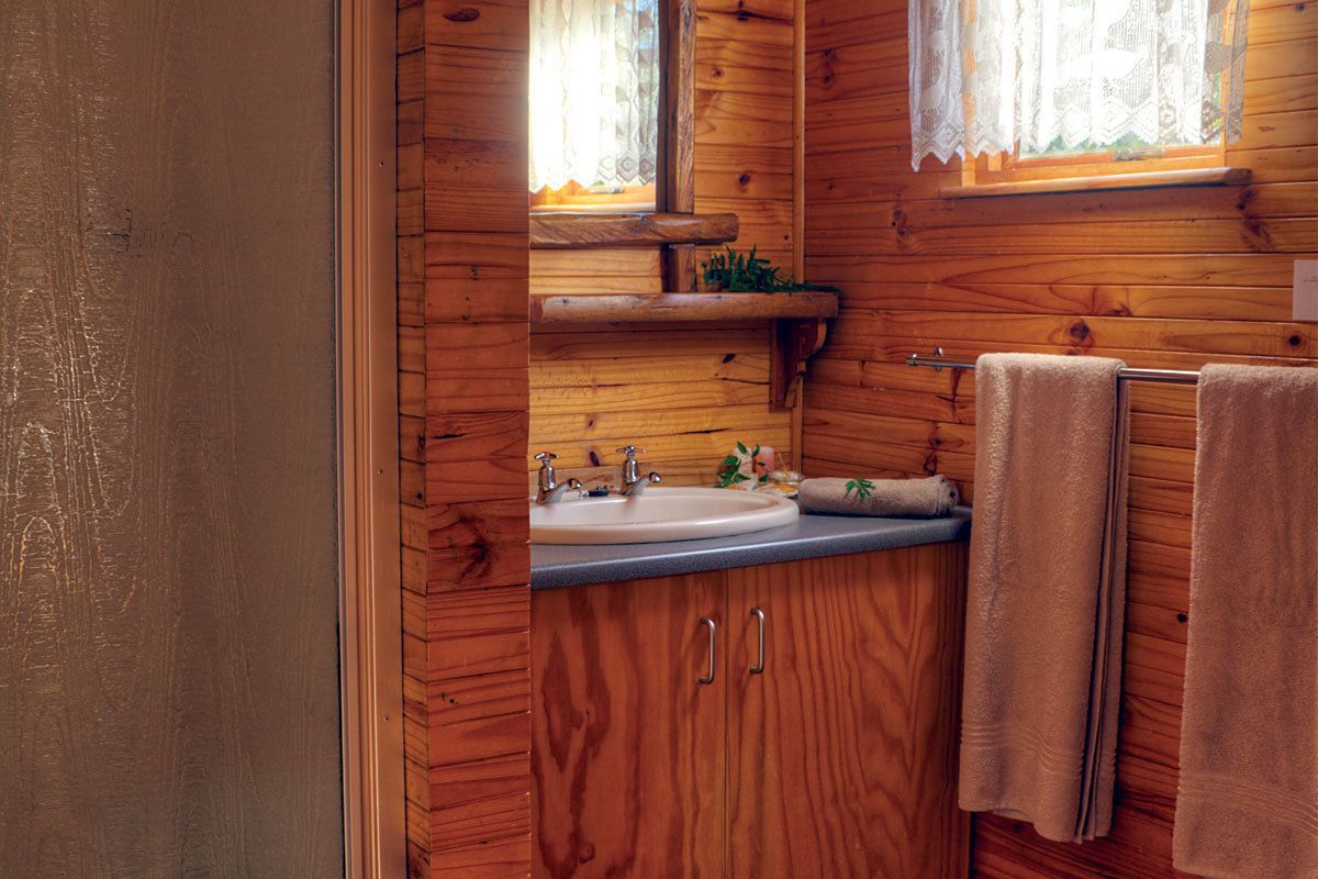 Une salle de bain de style rustique, avec des murs en bois, comprenant un lavabo, un miroir et un porte-serviettes.