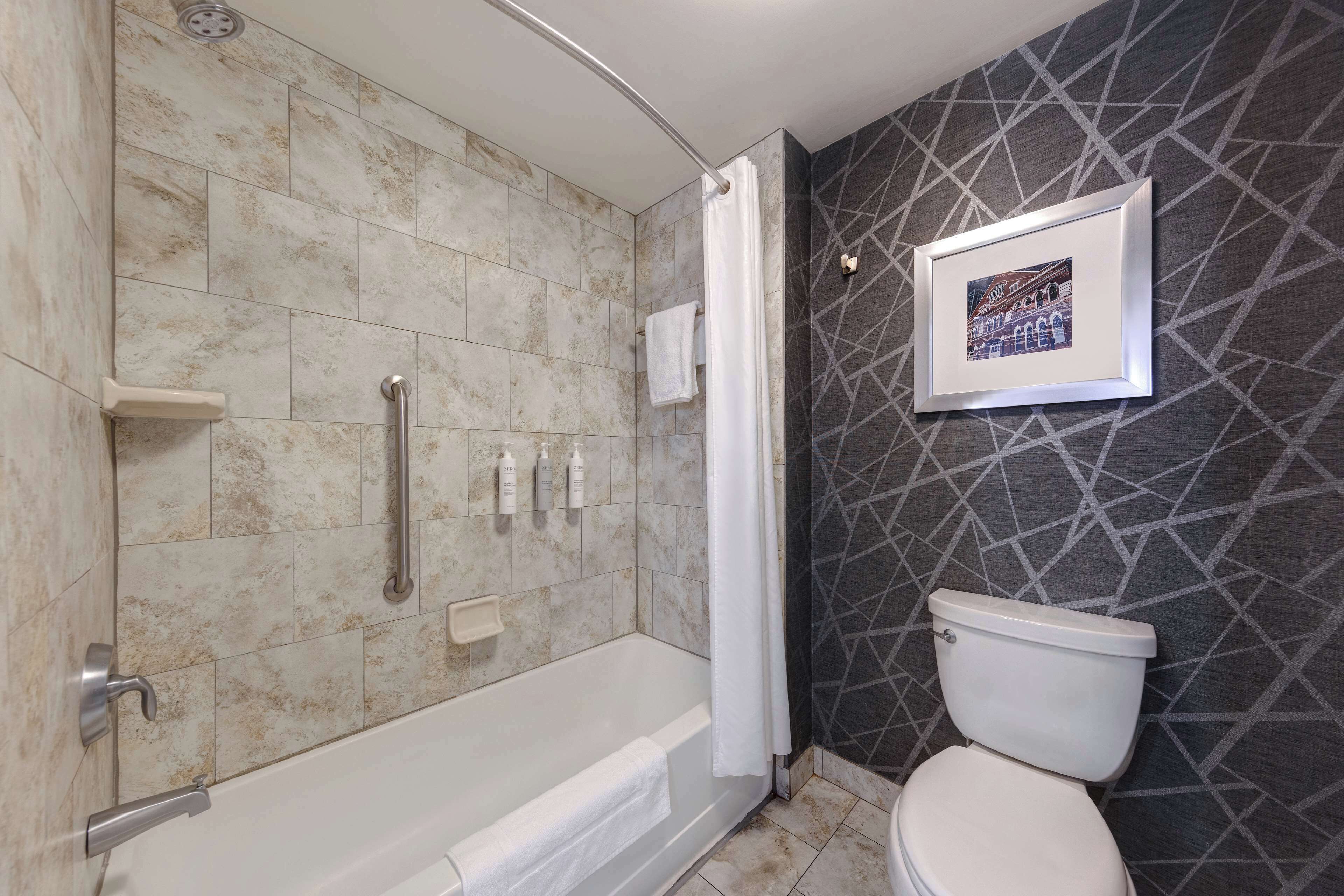 Ein Badezimmer mit Dusche, Toilette und einem gerahmten Bild an der Wand.