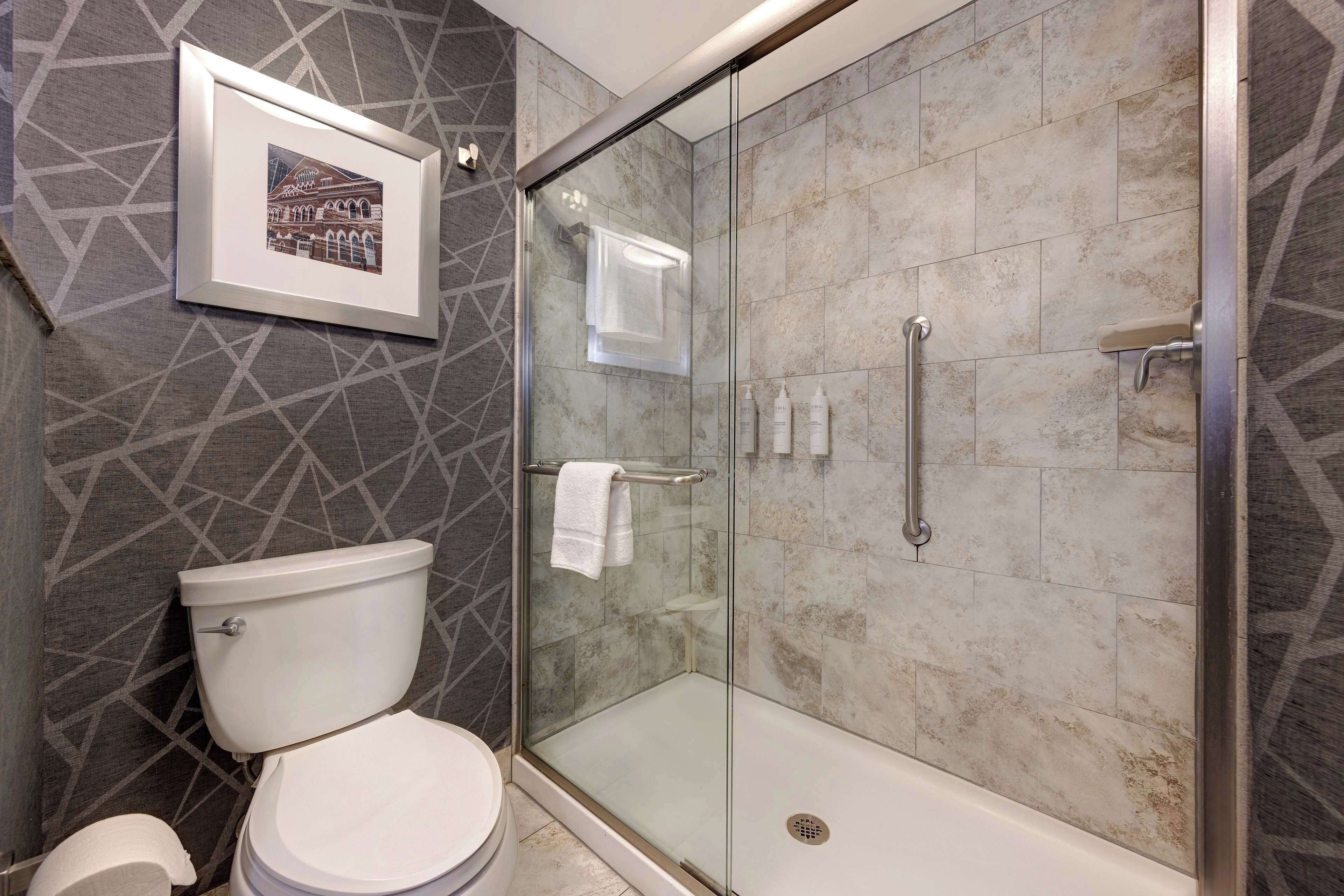 Un baño moderno con ducha envuelta en vidrio, un inodoro y un cuadro en la pared.