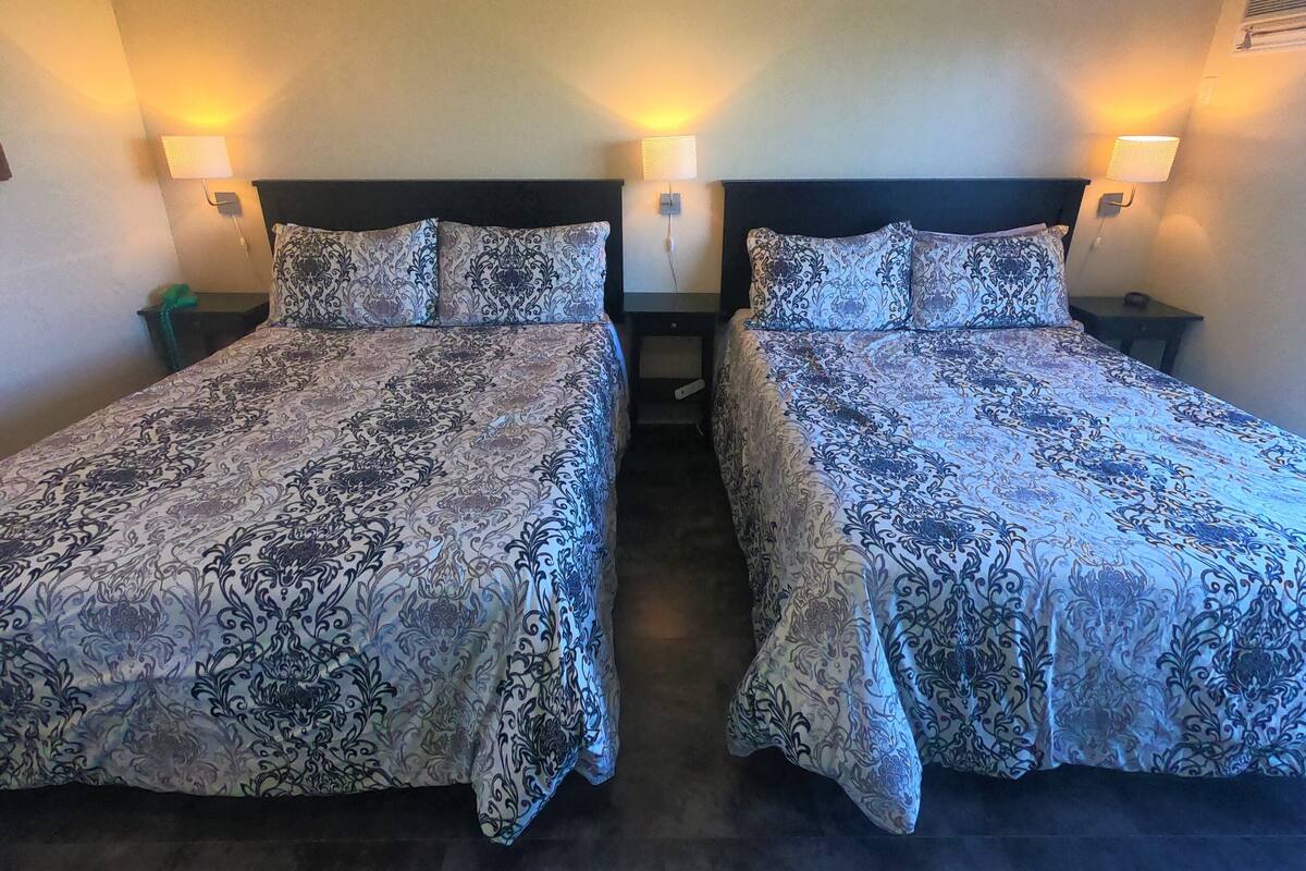 Two twin beds with patterned bedding, bedside lamps, and a dark headboard.