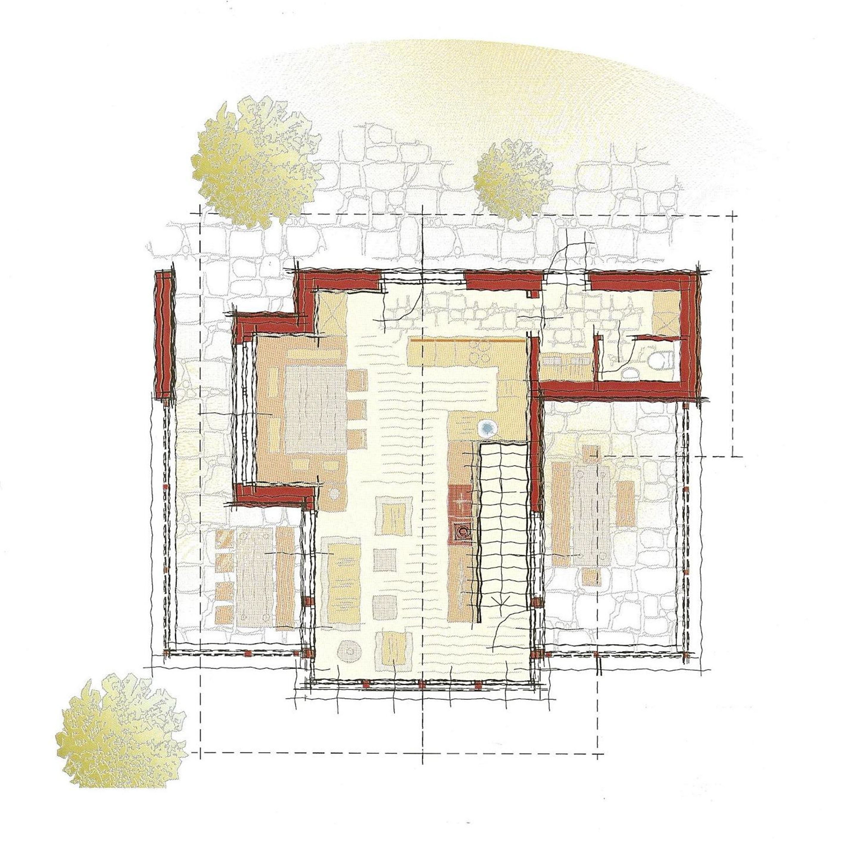 A floor plan with a central open space, two smaller rooms on each side, and a staircase leading to an upper level.