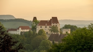 A large, historic building with multiple wings, surrounded by lush greenery and hills in the background. - Schloss Seggau (Leibnitz)