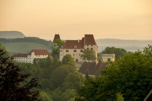 A large, historic building with multiple wings, surrounded by lush greenery and hills in the background.