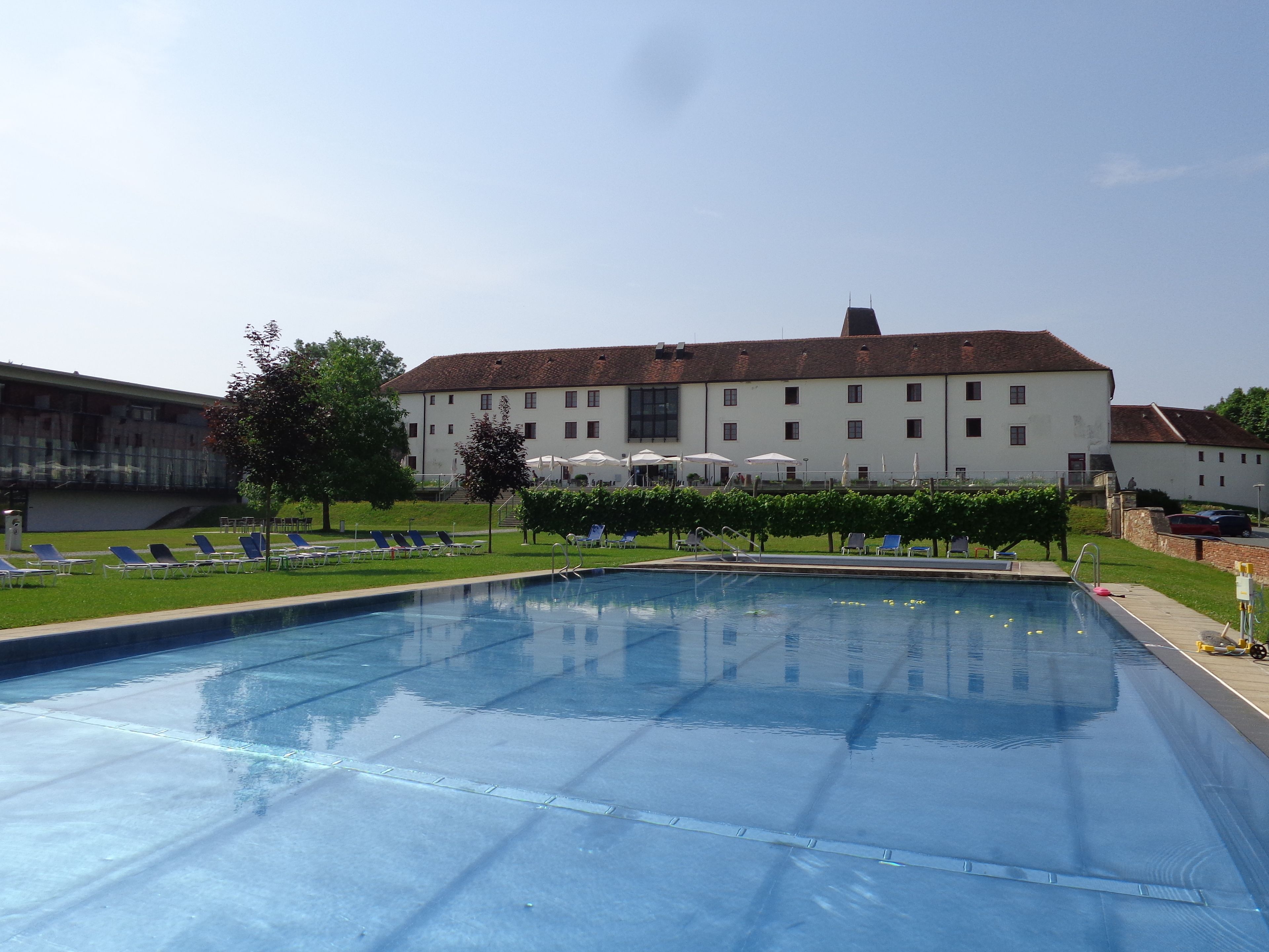 Seasonal outdoor pool, pool umbrellas, sun loungers