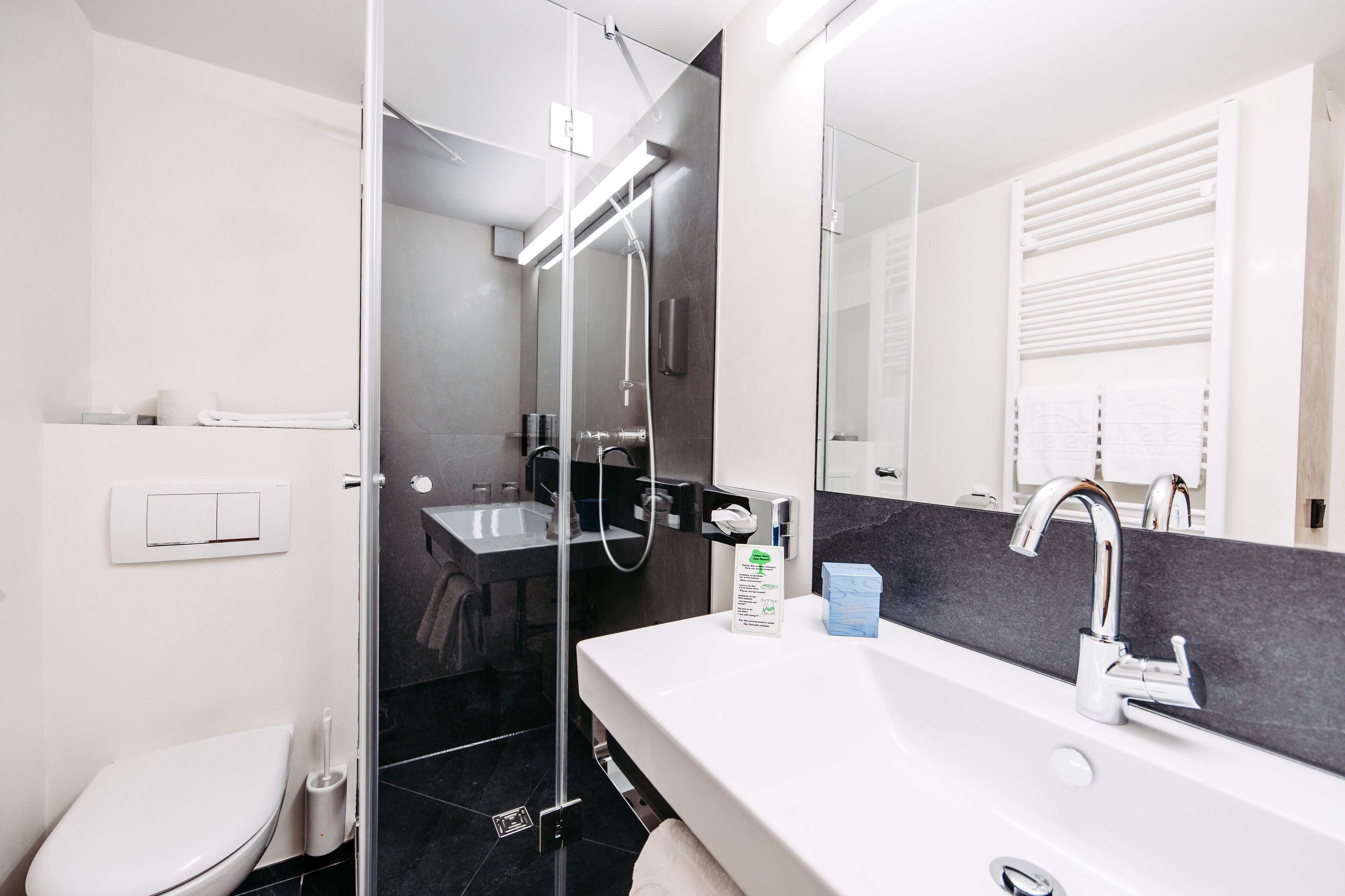 A modern bathroom with a glass-enclosed shower, a white sink with a large mirror, and a toilet.