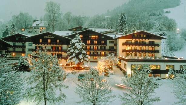 A hotel with multiple buildings, snow-covered trees, and a large tree in the foreground. - Hotel St. Hubertushof (Zell am See)