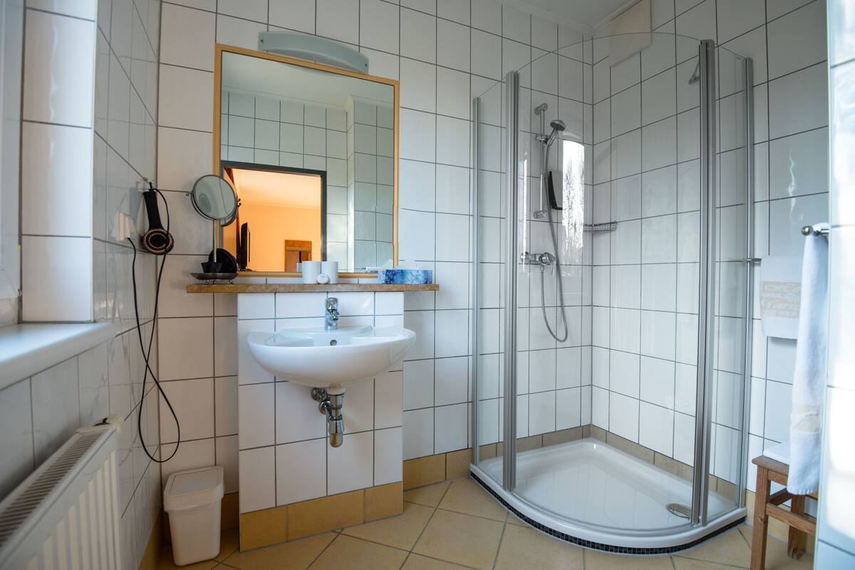 shower, free toiletries, hair dryer, towels