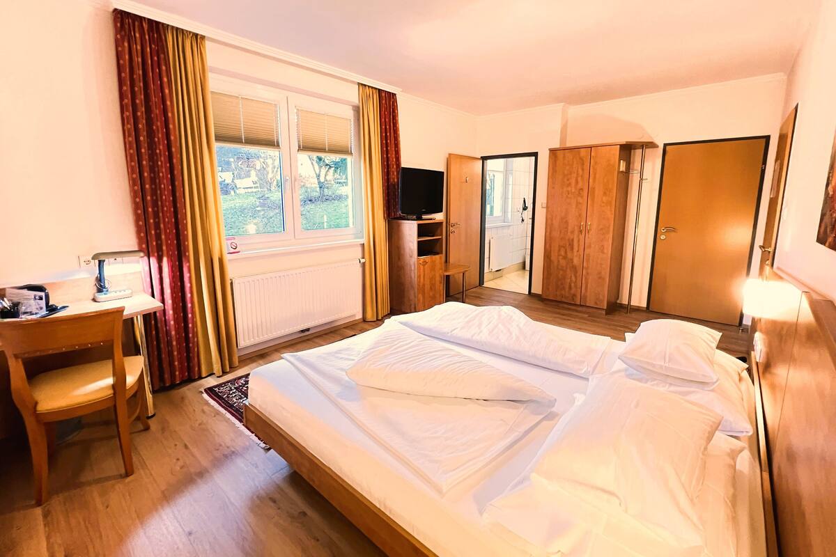 Habitación de hotel con cama, escritorio, silla, televisor y armario.