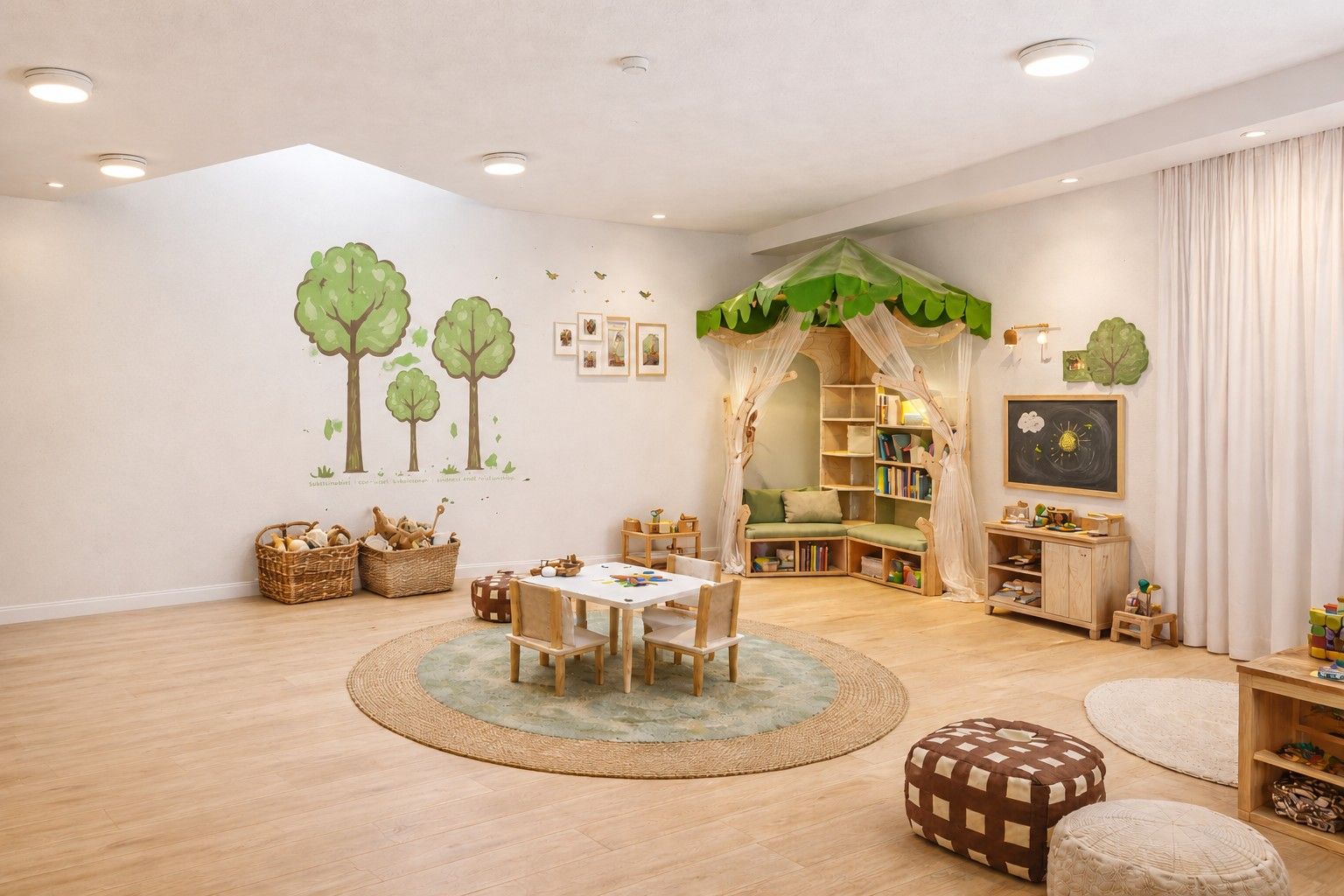 A children's playroom with a round table, chairs, a bookshelf, and a decorative tree mural on the wall.