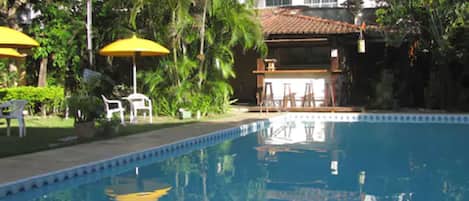 Outdoor pool, open 8 AM to 10 PM, pool umbrellas, pool loungers