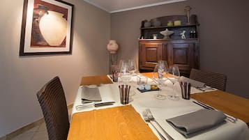 Dinner served, French cuisine, garden views