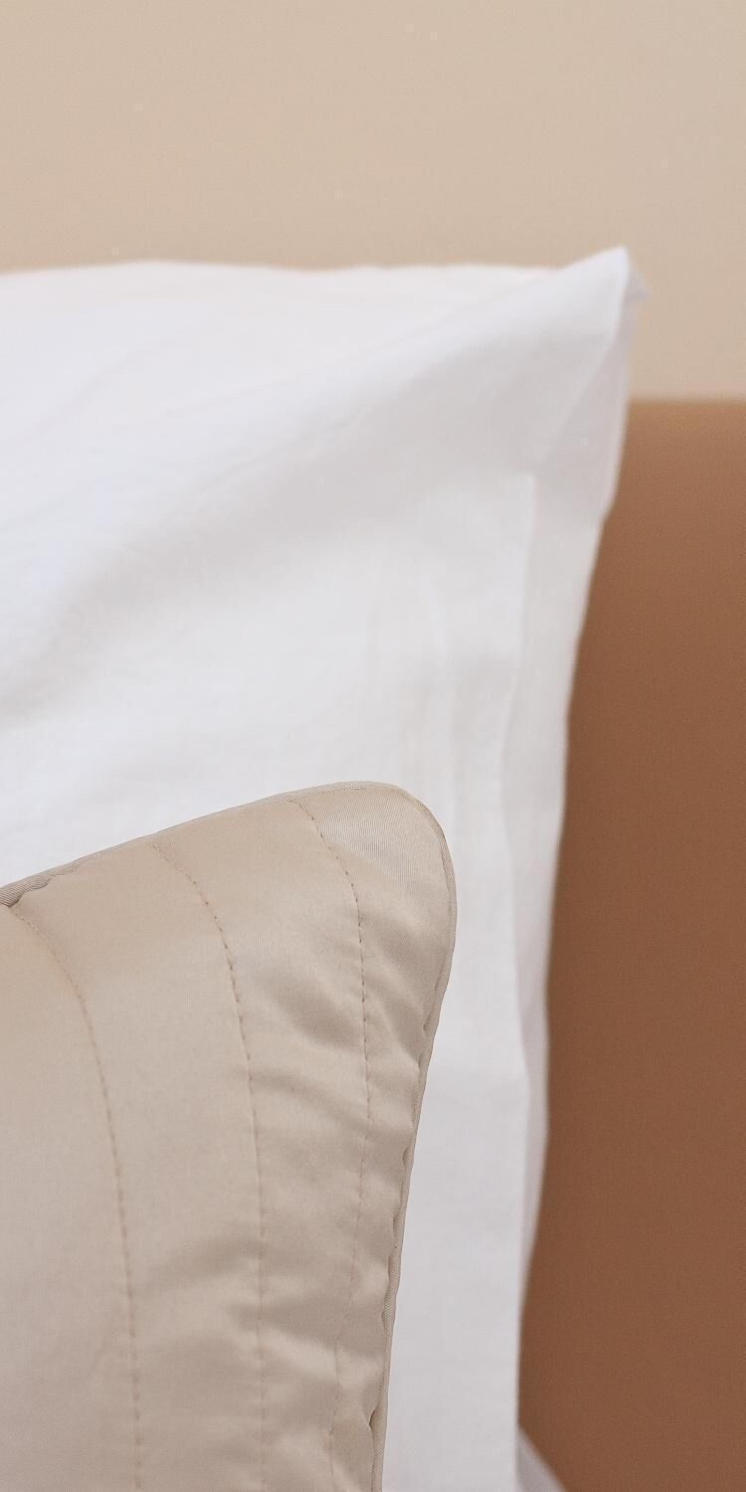 A close-up of a white pillow and a beige pillow on a bed.