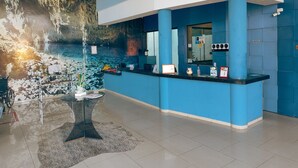 A reception area with a blue and white color scheme, a reception desk, a chandelier, and a wall mural depicting a cave scene. - Hotel Lago Azul (Bonito)