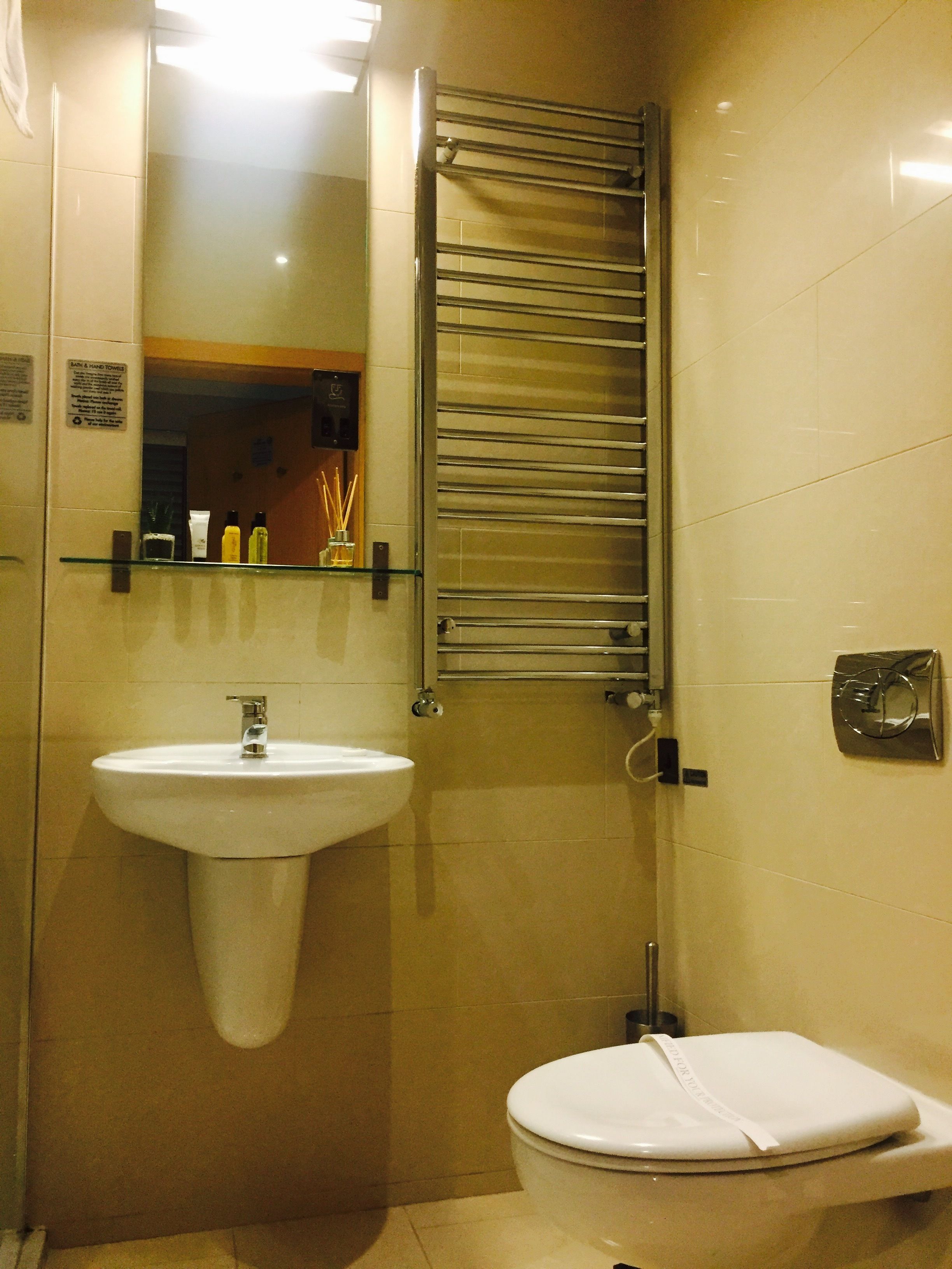 A bathroom with a white sink, a toilet, and a towel rack.