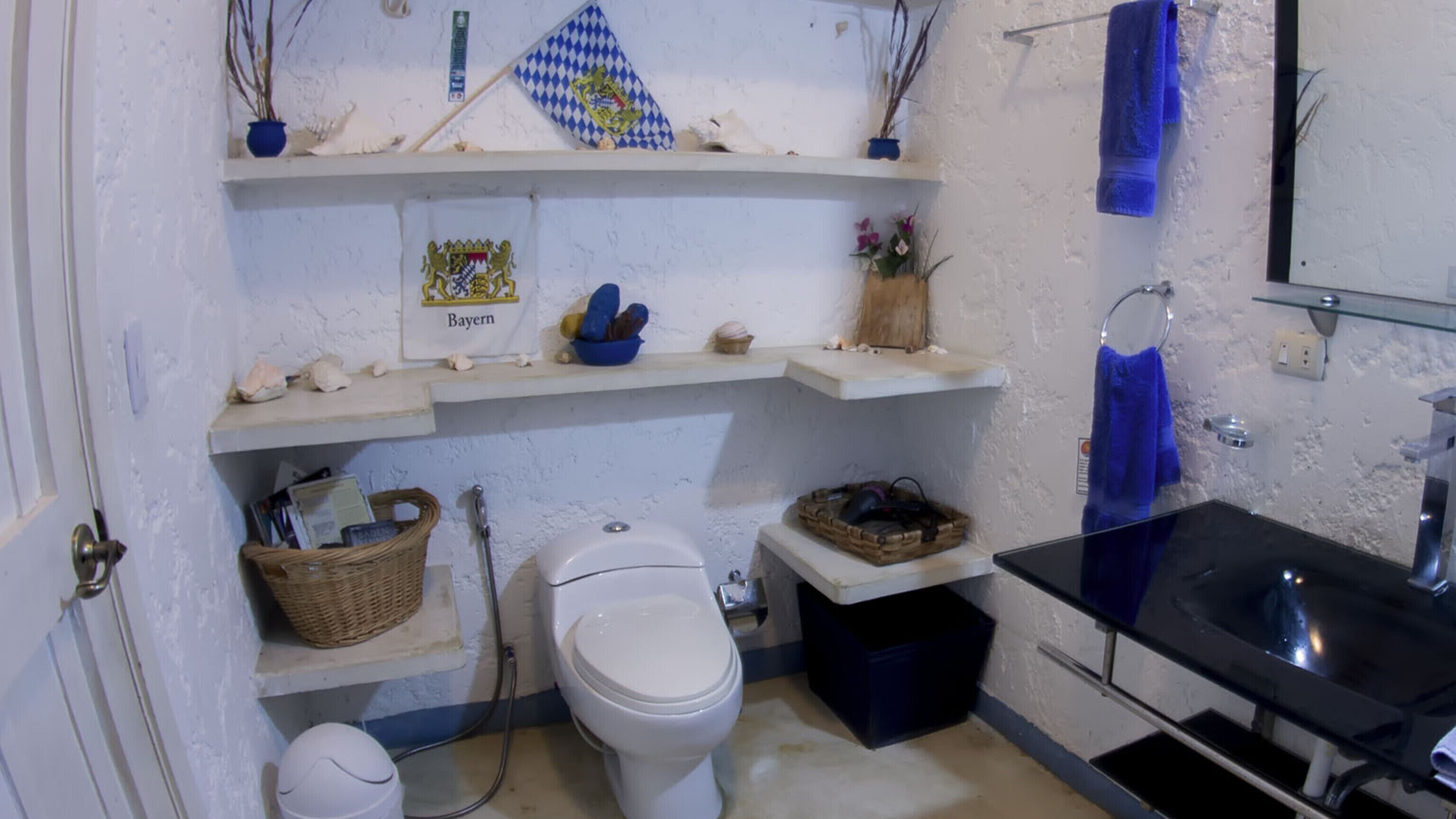 A small bathroom with a toilet, a sink, and shelves with various items.